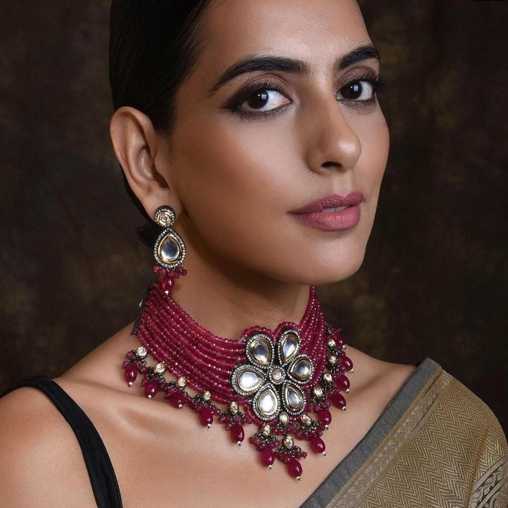 FS Collection Gold Plated Kundan Stone Necklace Set