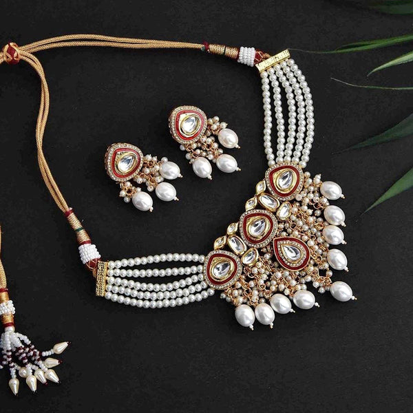 FS Collection Gold Plated Kundan And Pearl Choker Necklace Set