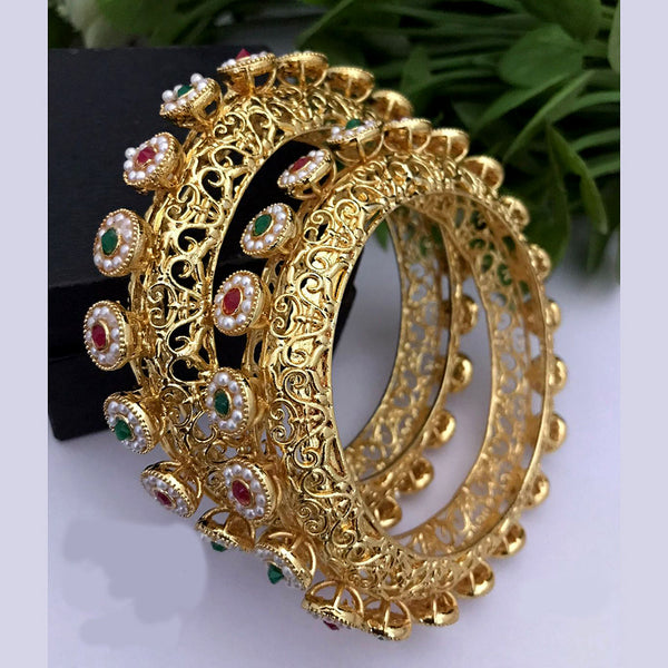 FS Collection Gold Plated Pota Stone And Pearl Bangles Set