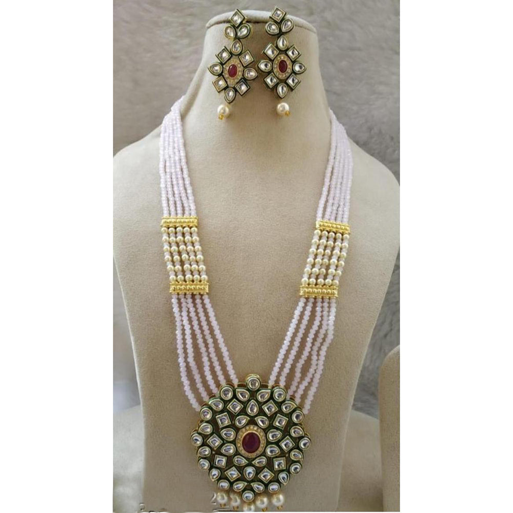 FS Collection Gold Plated Kundan And Pearl Long Necklace Set