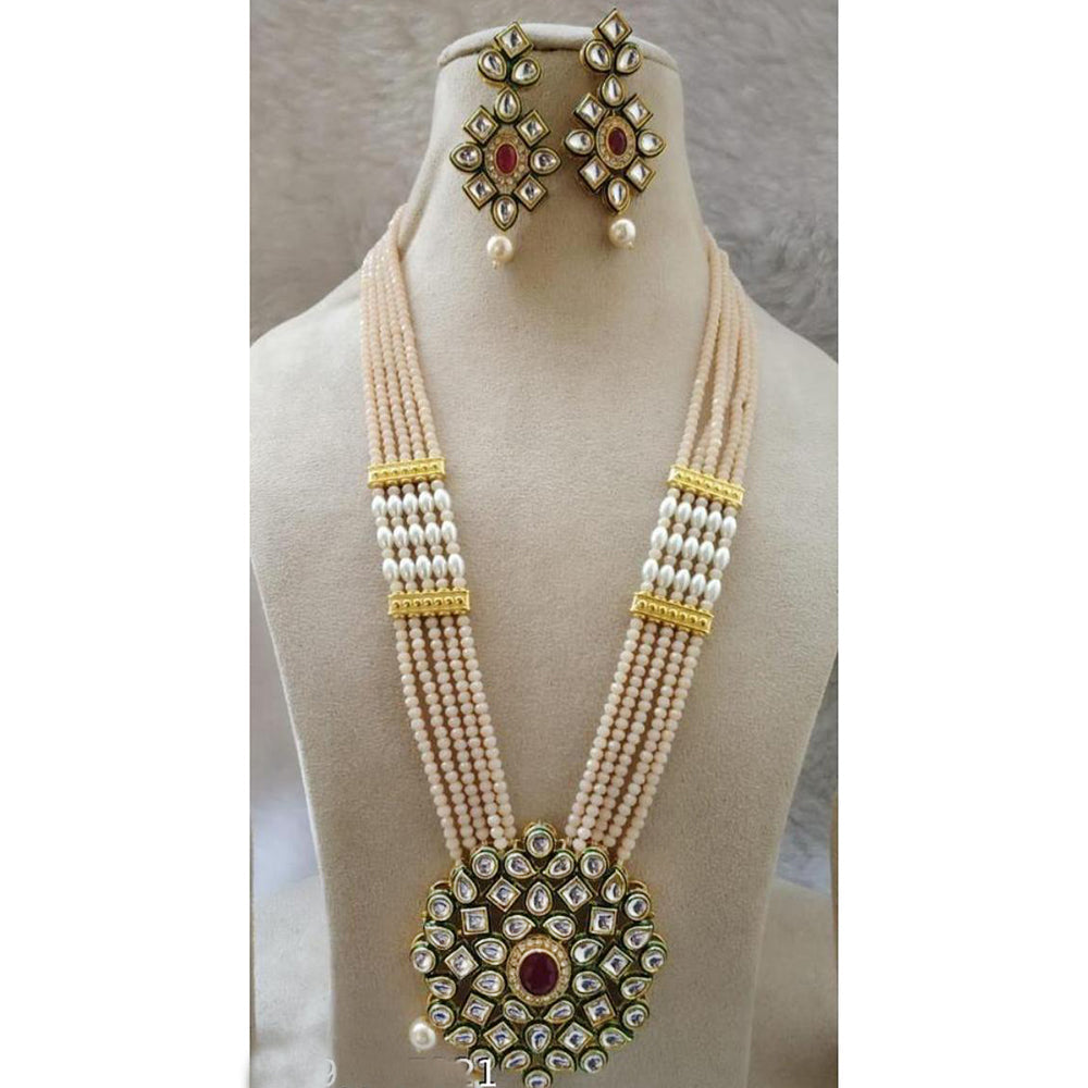FS Collection Gold Plated Kundan And Pearl Long Necklace Set