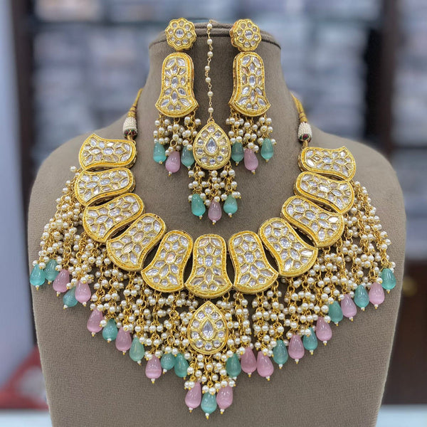 FS Collection Gold Plated Kundan Pearl And Beads Necklace Set
