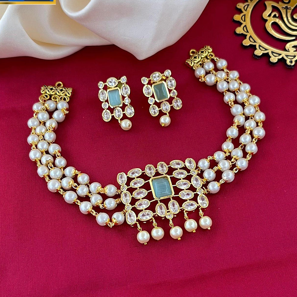 FS Collection Gold Plated Crystal Stone And Pearl Choker Necklace Set