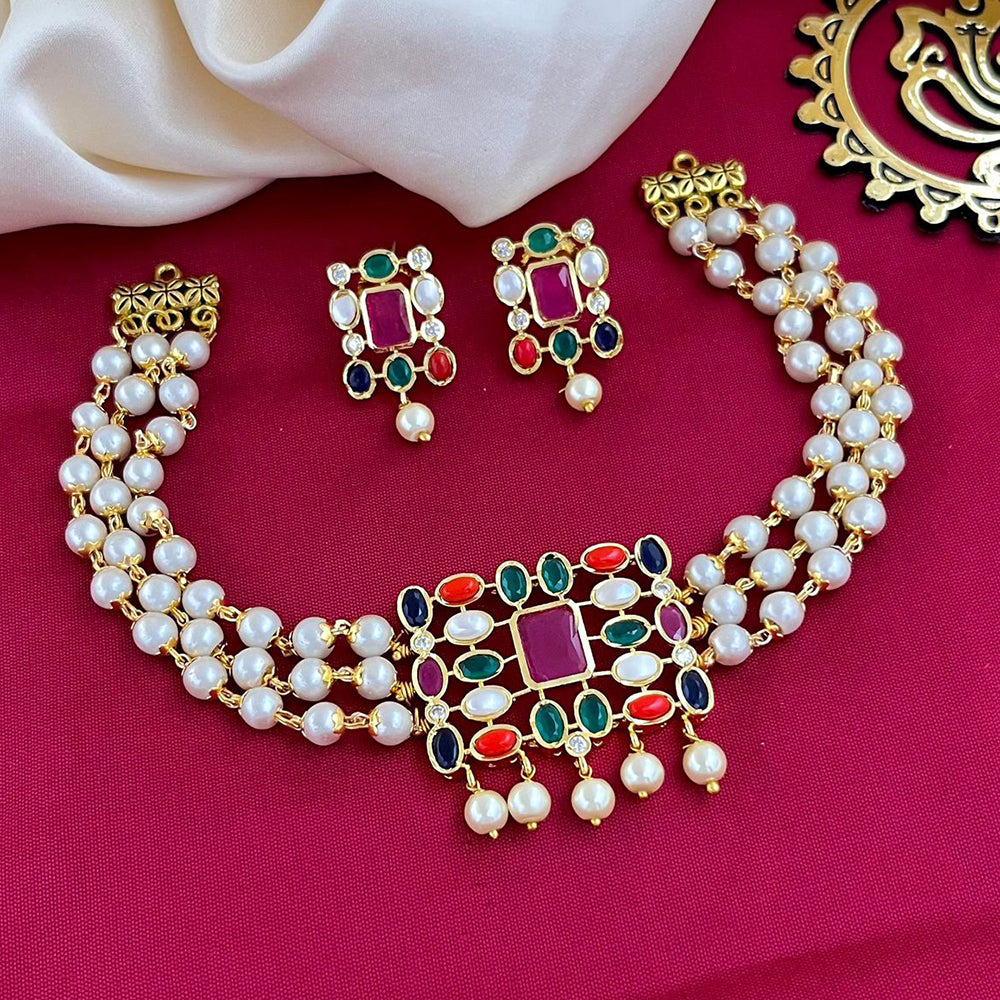 FS Collection Gold Plated Crystal Stone And Pearl Choker Necklace Set