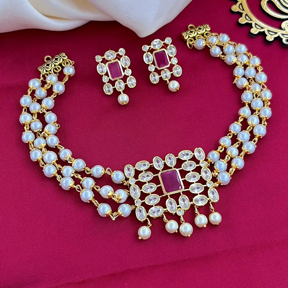 FS Collection Gold Plated Crystal Stone And Pearl Choker Necklace Set