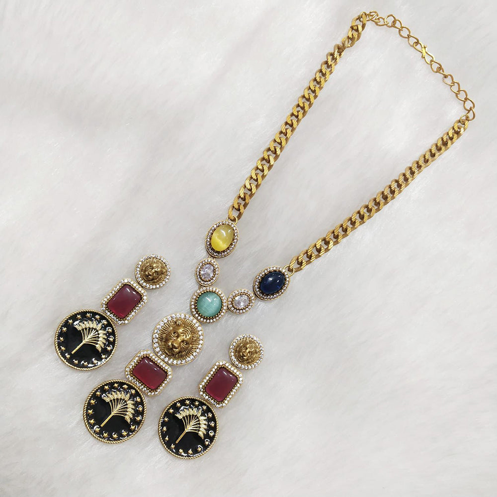 FS Collection Gold Plated Meenakari And Monalisa Stone Necklace Set