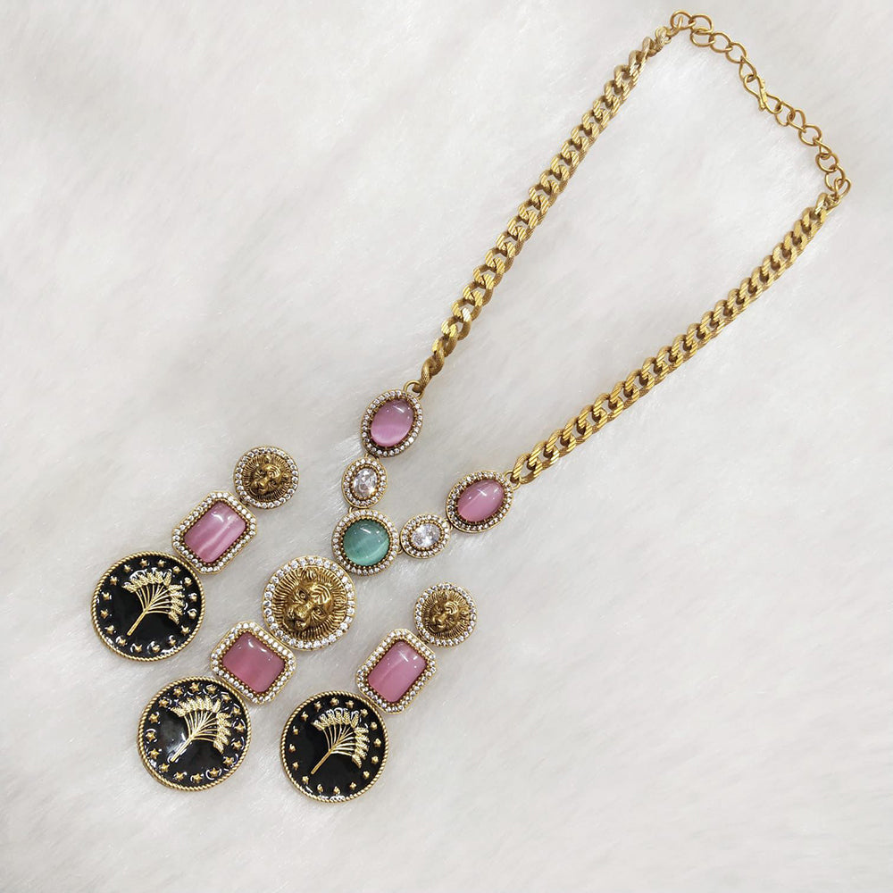 FS Collection Gold Plated Meenakari And Monalisa Stone Necklace Set