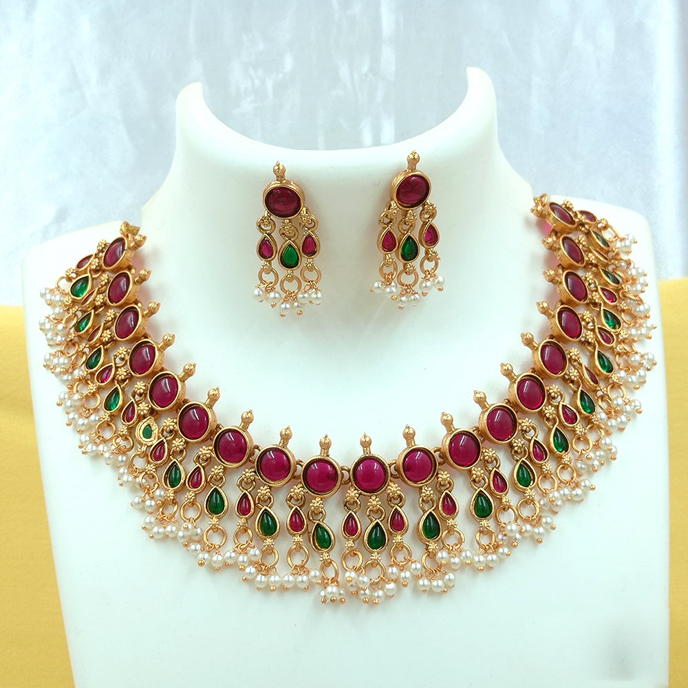 FS Collection Gold Plated Pota Stone And Pearl Necklace Set
