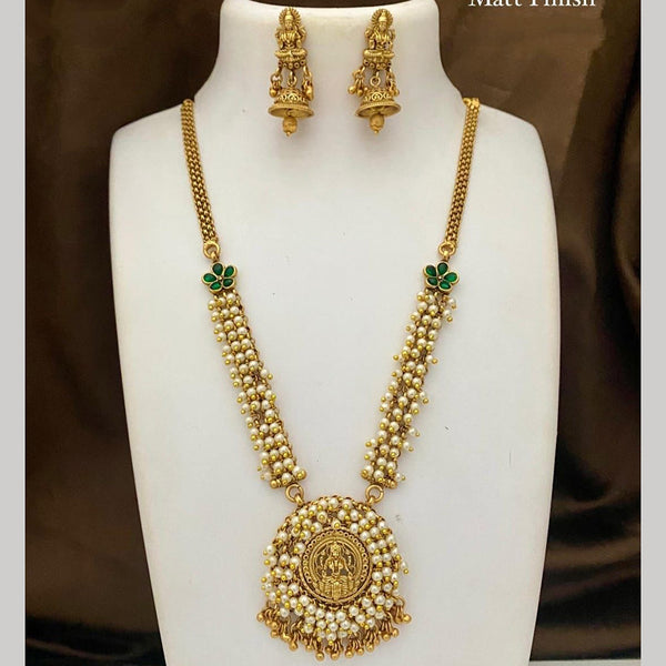 FS Collection Gold Plated Pearl And Pota Stone Temple Long Necklace Set