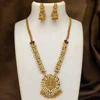 FS Collection Gold Plated Pearl And Pota Stone Temple Long Necklace Set