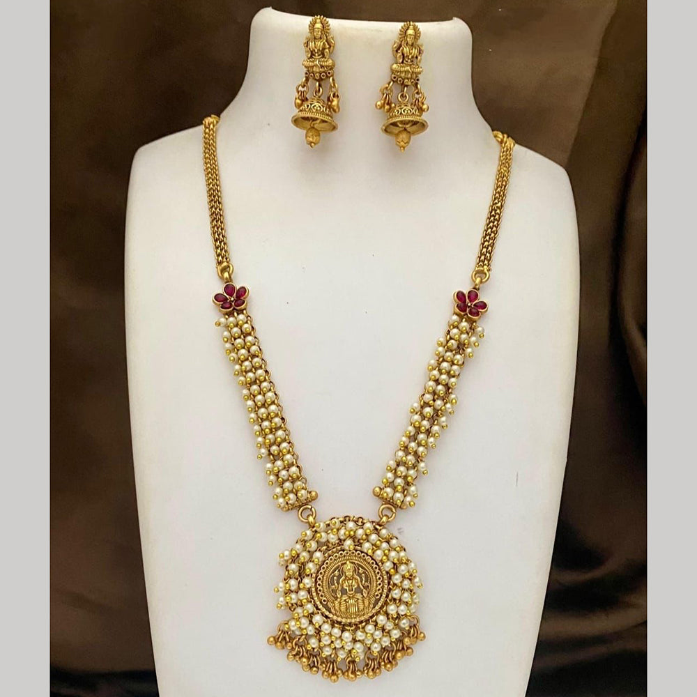 FS Collection Gold Plated Pearl And Pota Stone Temple Long Necklace Set