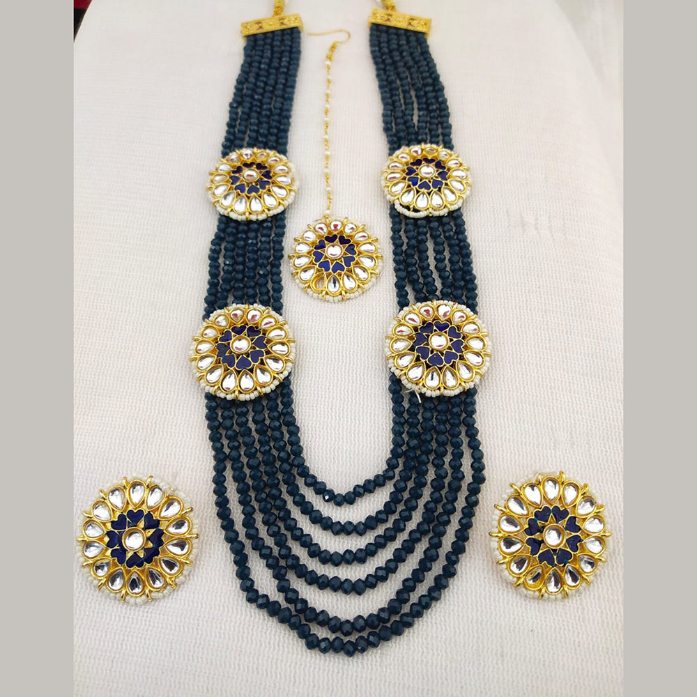 FS Collection Gold Plated Kundan And Beads Multi Layer Long Necklace Set