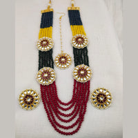 FS Collection Gold Plated Kundan And Beads Multi Layer Long Necklace Set
