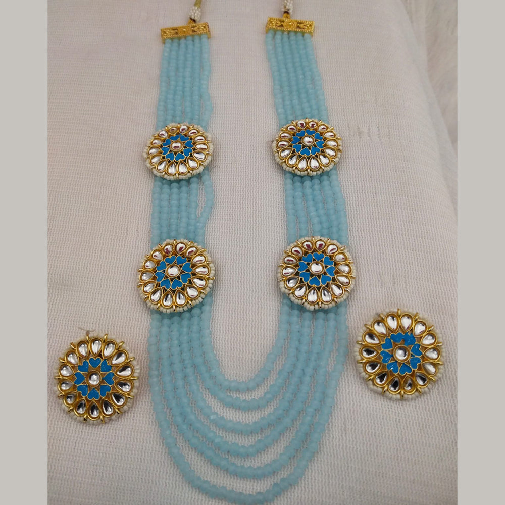 FS Collection Gold Plated Kundan And Beads Multi Layer Long Necklace Set