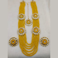 FS Collection Gold Plated Kundan And Beads Multi Layer Long Necklace Set