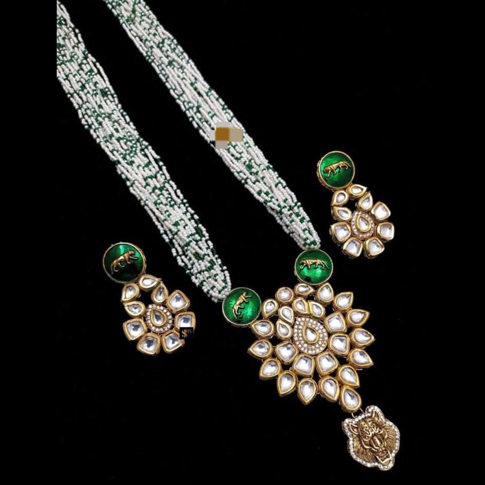 FS Collection Gold Plated Kundan And Pearl Long Necklace Set