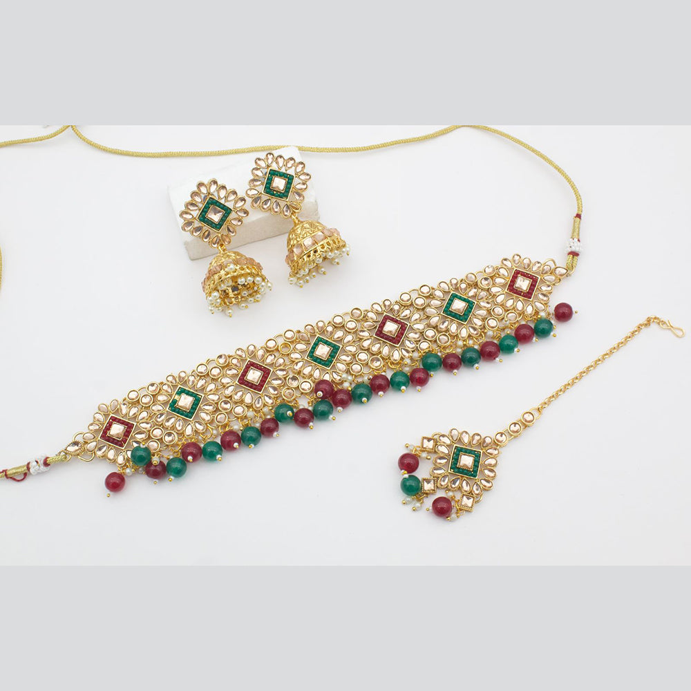 FS Collection Gold Plated Kundan Stone And Pearls Choker Necklace Set