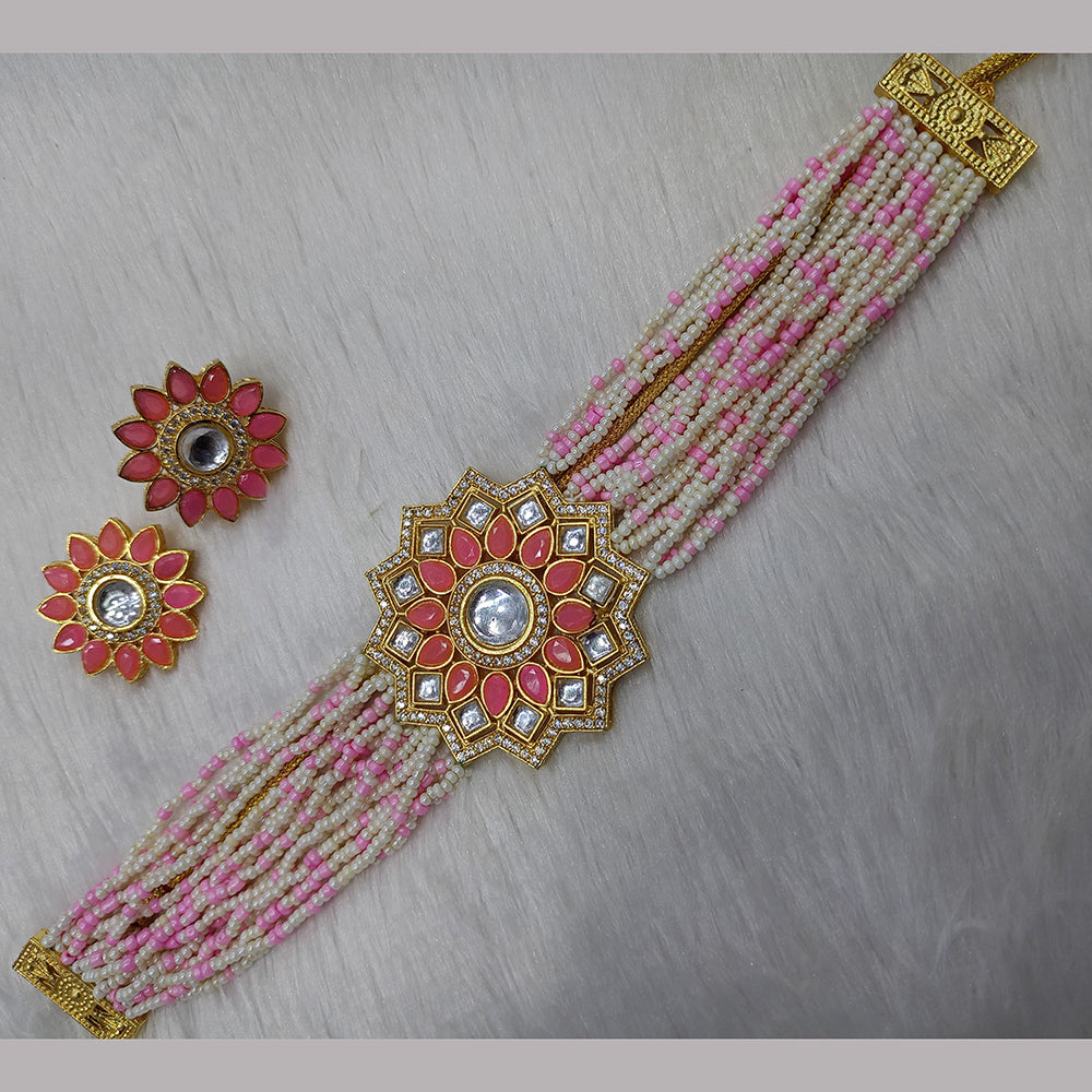 FS Collection Gold Plated Kundan Stone And Pearl Choker Necklace Set