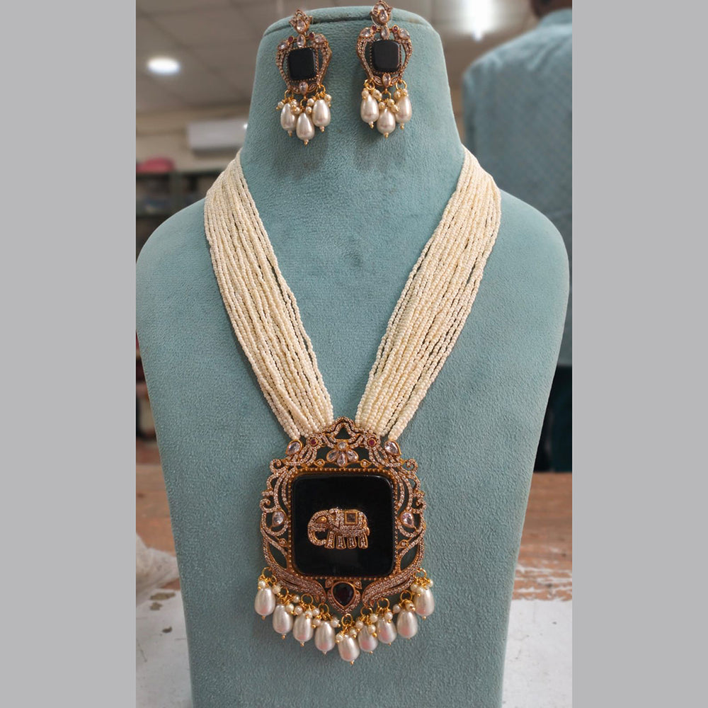 Fs Collection Gold Plated AD And Pearl Long Necklace Set