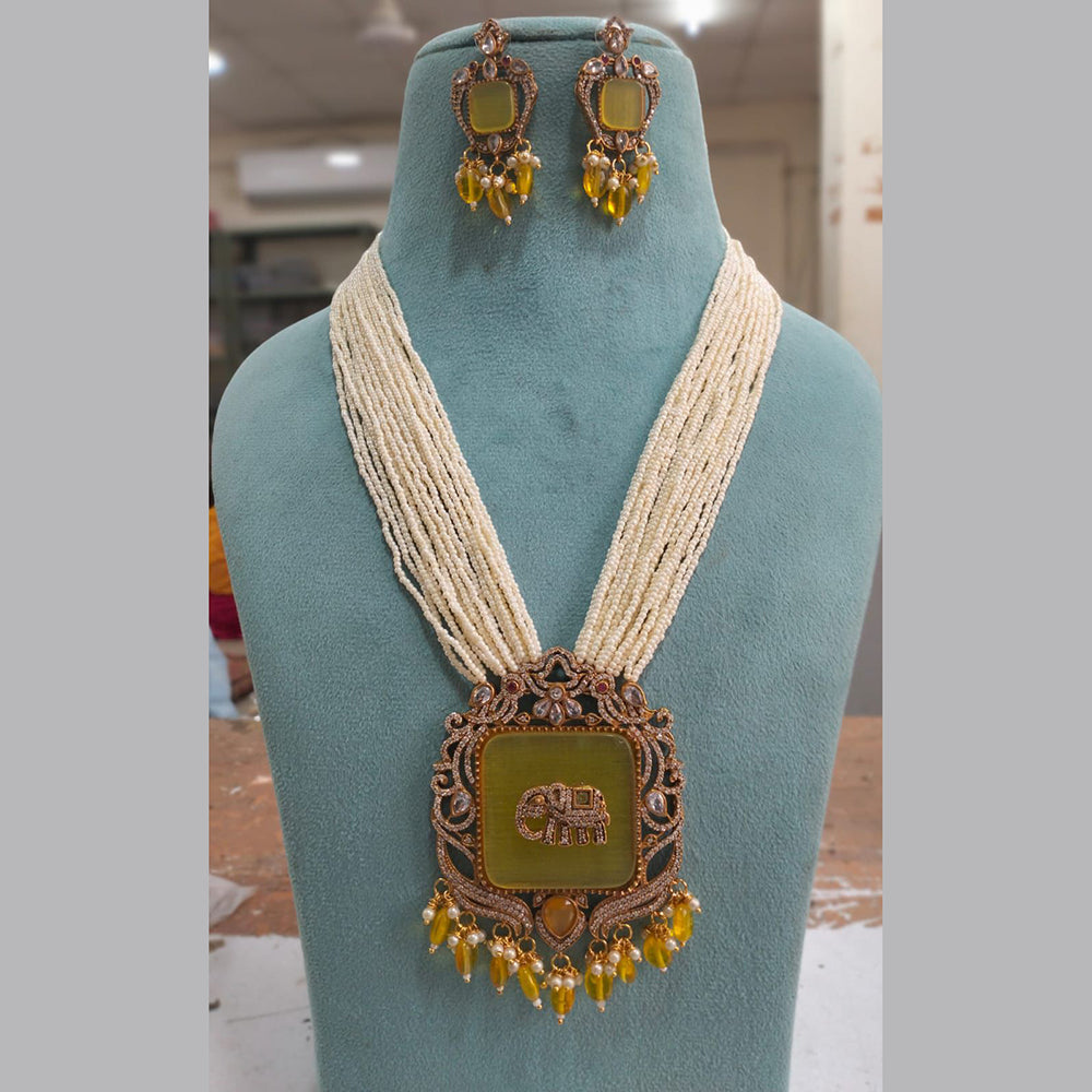 Fs Collection Gold Plated AD And Pearl Long Necklace Set