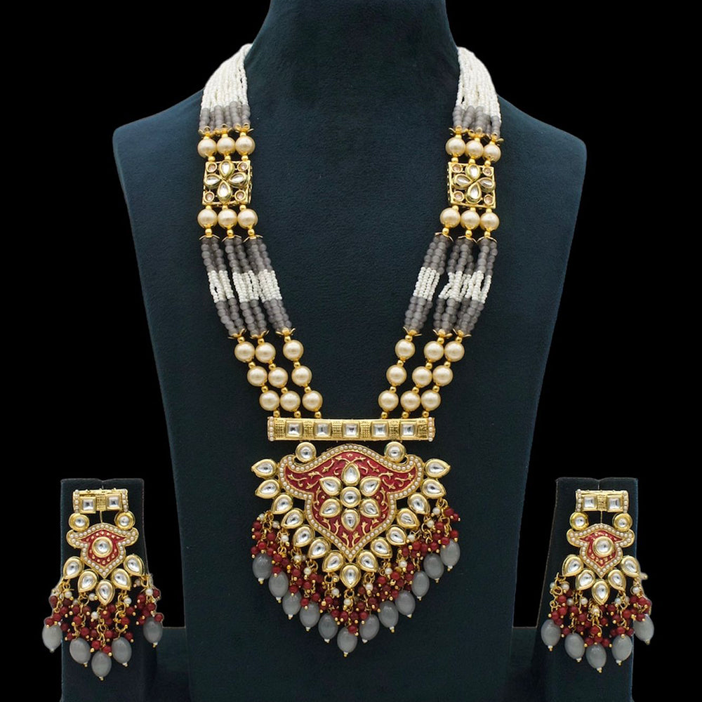 Fs Collection Gold Plated Kundan Stone And Pearls Long Necklace Set