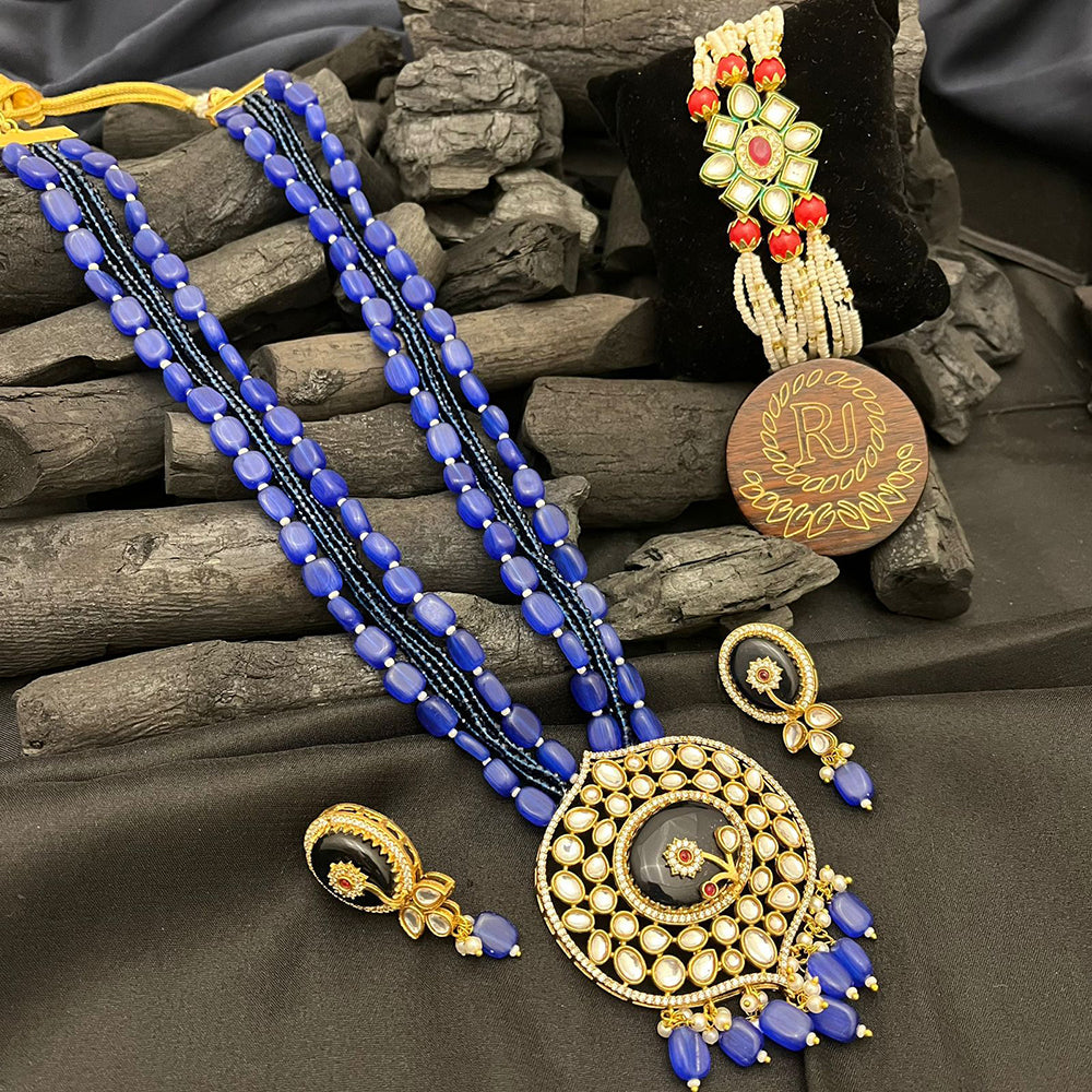 FS Collection Gold Plated Kundan Stone Long Necklace Set