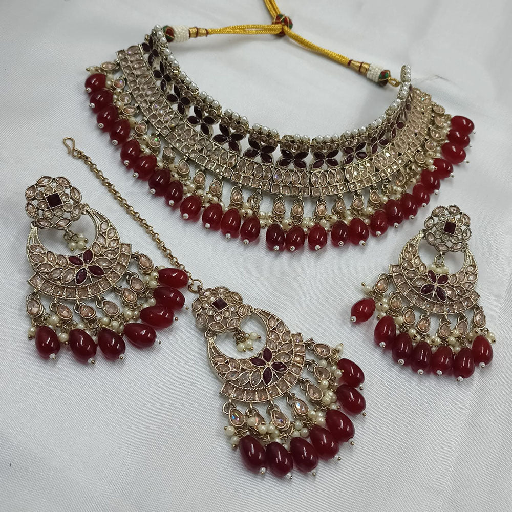 FS Collection Gold Plated Crystal Stone And Beads Choker Necklace Set