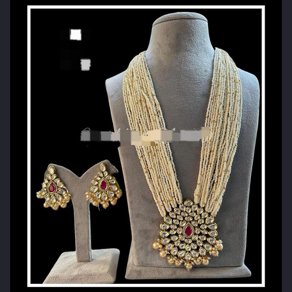 FS Collection Gold Plated Kundan Stone And Pearl Long Necklace Set