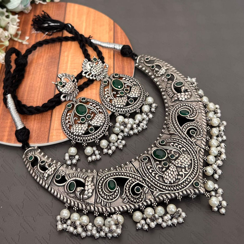 FS Collection Oxidised Plated Pota Stone And Pearl Necklace Set