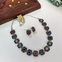 FS Collection Oxidised Plated Pota Stone Necklace Set
