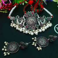 FS Collection Oxidised Plated Pota Stone And Pearl Choker Necklace Set