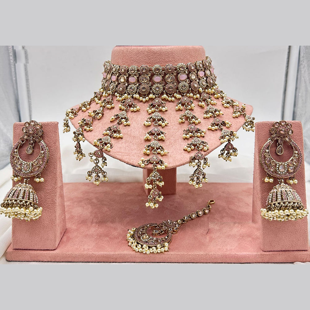 FS Collection Antique Gold Plated Austrian Stone and Pearl Choker Necklace Set