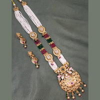 FS Collection Gold Plated Kundan Stone And Pearls Long Necklace Set
