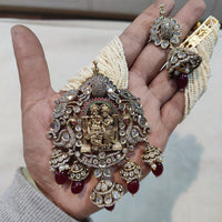 FS Collection Gold Plated AD Temple And Pearls Long Necklace Set
