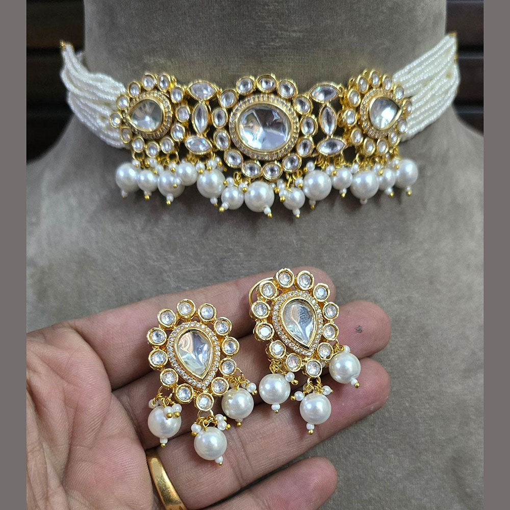 FS Collection Gold Plated Kundan And Pearls Choker Necklace Set