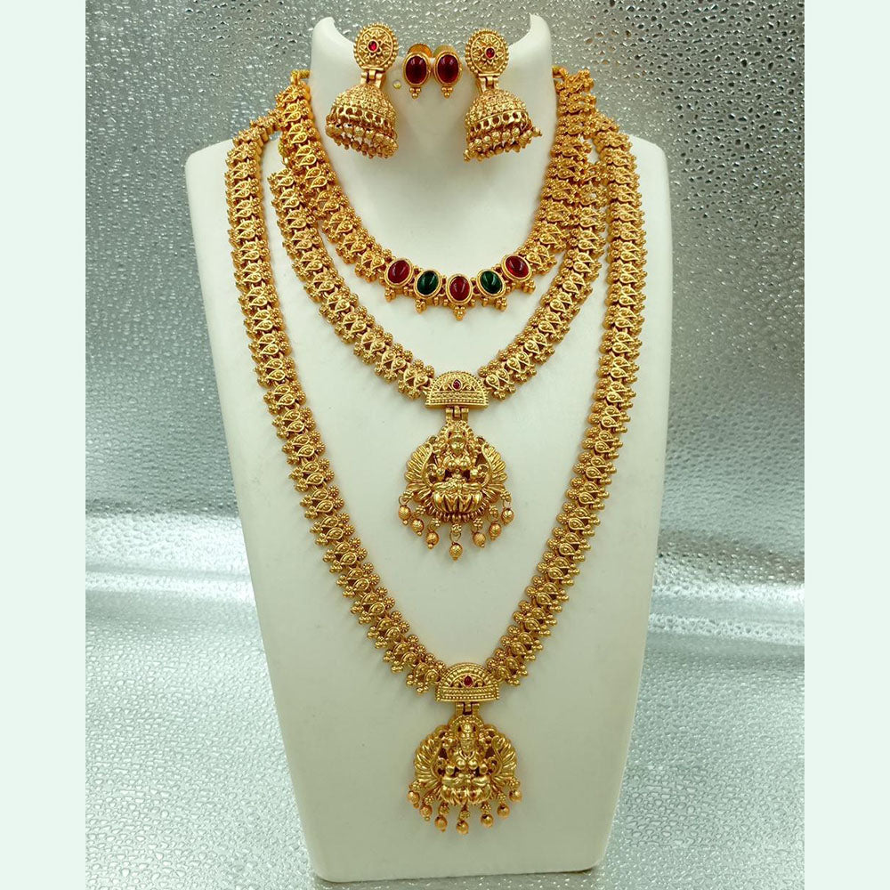 FS Collection Gold Plated Pota Stone Temple Long Necklace Combo Set