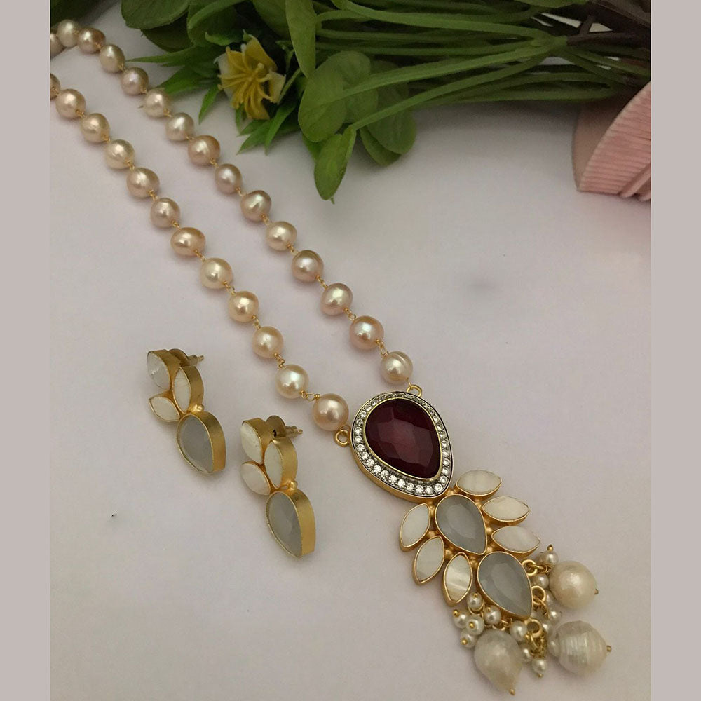 FS Collection Gold Plated Austrian Stone And Pearls Long Necklace Set
