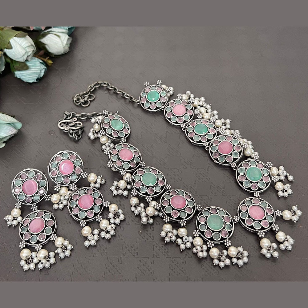 FS Collection Oxidised Plated Pota Stone And Pearls Necklace Set