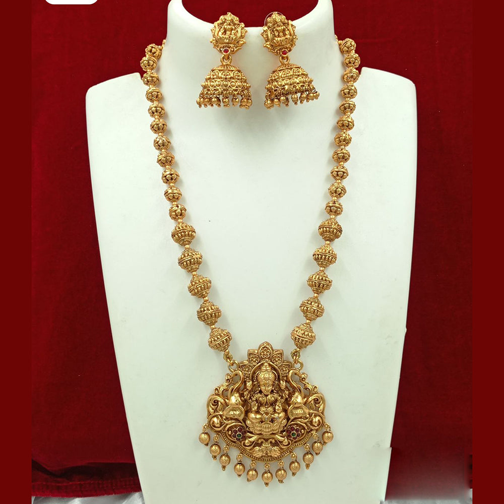 FS Collection Gold Plated Pota Stone Temple Long Necklace Set