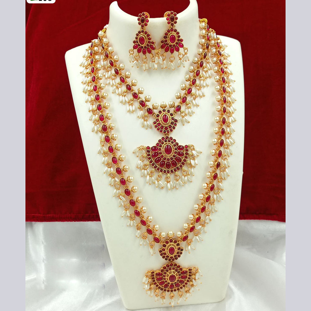 FS Collection Gold Plated Kundan And Pearls Double Necklace Set