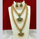 FS Collection Gold Plated Kundan And Pearls Double Necklace Set