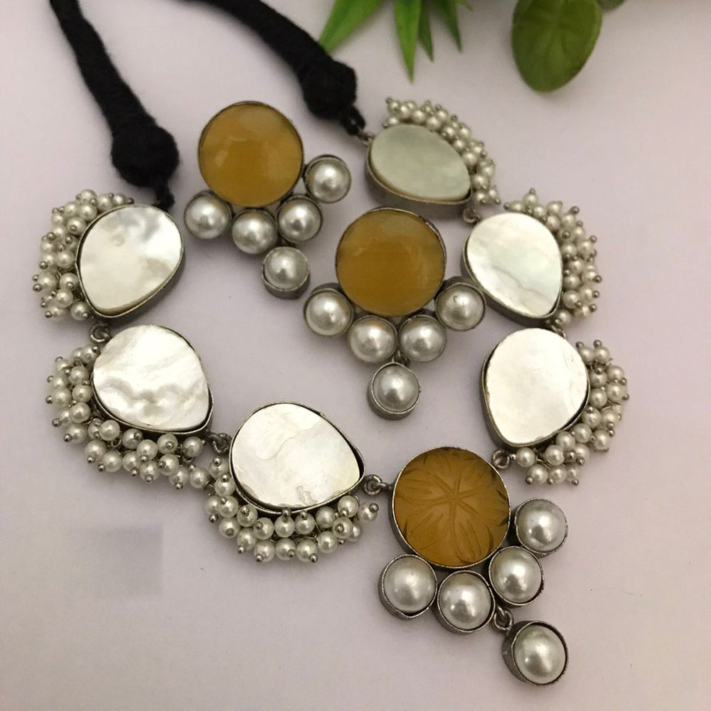 FS Collection Oxidised Plated Pearls Choker Necklace Set