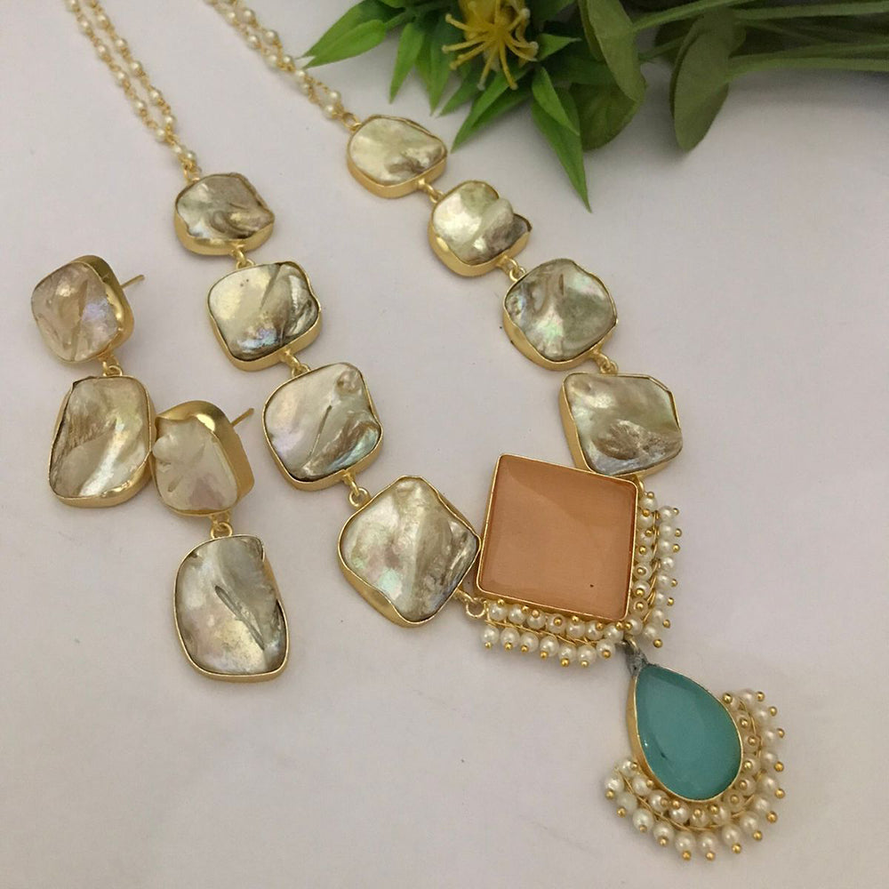 FS Collection Gold Plated Mother Of Pearls Long Necklace Set