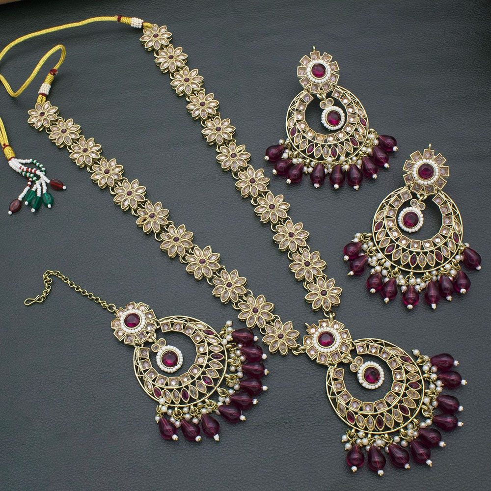 FS Collection Gold Plated Crystal Stone Long Necklace Set