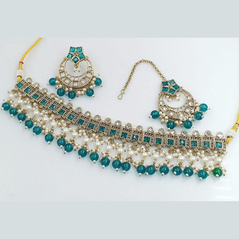 FS Collection Gold Plated Crystal Stone And Pearl Choker Necklace Set