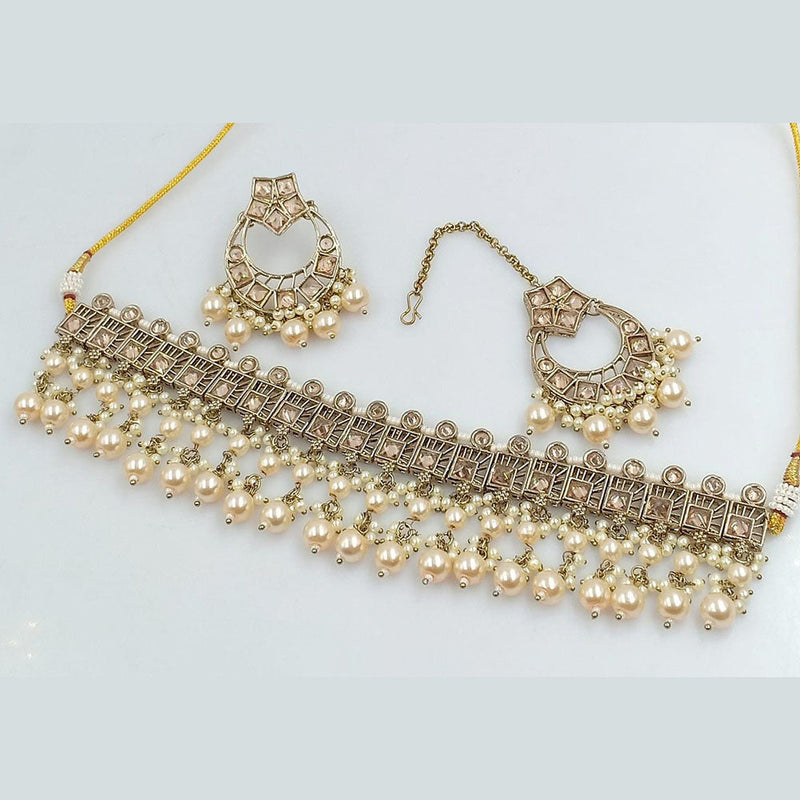 FS Collection Gold Plated Crystal Stone And Pearl Choker Necklace Set