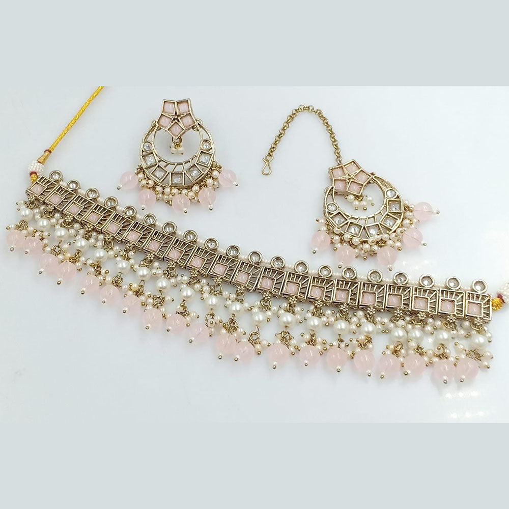 FS Collection Gold Plated Crystal Stone And Pearl Choker Necklace Set