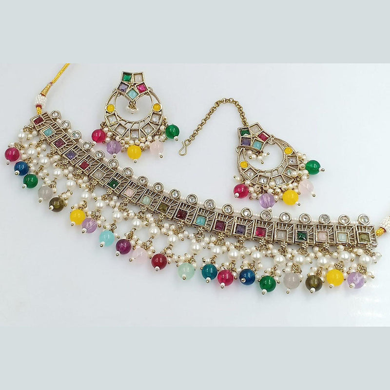 FS Collection Gold Plated Crystal Stone And Pearl Choker Necklace Set