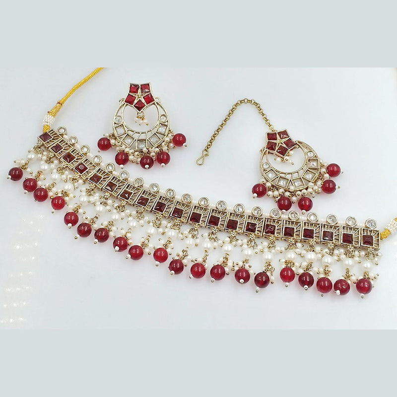 FS Collection Gold Plated Crystal Stone And Pearl Choker Necklace Set