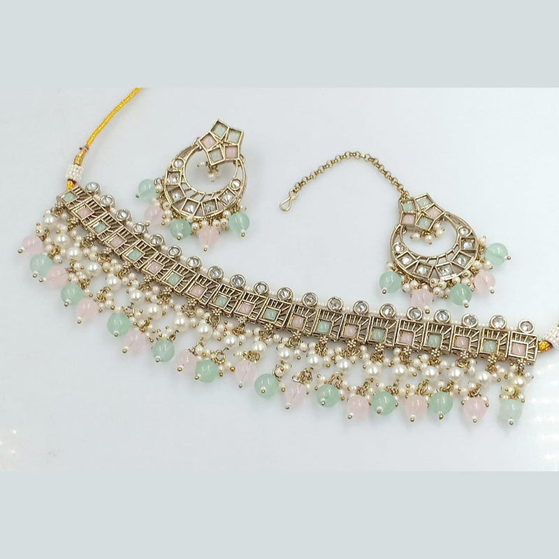 FS Collection Gold Plated Crystal Stone And Pearl Choker Necklace Set